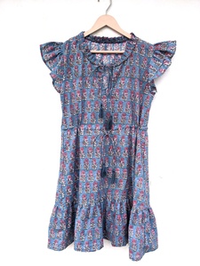 Robe courte bohème imprimée à la main, en gaze de coton indien, col rond, sans manches, imprimé floral, mini-robe pour femmes - Product Image 5
