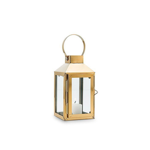 Farol Decorativo Pequeño de Metal Dorado y Vidrio Transparente Hecho a Mano, Ecológico, de Latón y Acero Inoxidable Cuadrado - Product Image 1