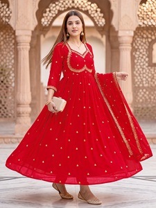 Traje Anarkali de mezcla de seda bordada con dupatta, vestido largo hasta el suelo con vuelo, ropa étnica elegante, festiva, estructurada y tradicional. - Product Image 4