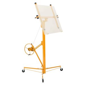Elevador de paneles de yeso amarillo de 16 pies, resistente, 150 lb, con brazo telescópico ajustable y ruedas bloqueables, herramientas para paneles de yeso. - Product Image 1