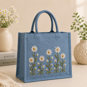 Bolso Tote Azul de Yute Estilo Bohemio con Bordado de Margaritas, Abertura Superior para Playa, Viajes y Uso Diario - Product Image 1