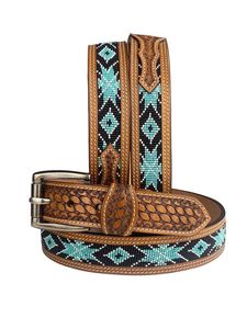 Premium Western Genuine Leather Pin Buckle Floral Beaded Design Hand-<b>Tooled</b> Vintage Cowboy Style Customizable Fashion Statement - Product Image 2