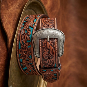 Ceinture en cuir western pour homme, sur mesure, avec motif floral turquoise en relief, boucle en laiton gravée argent mat - Product Image 3