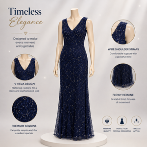 Elegante Vestido de Noche Azul Marino con Lentejuelas Bordadas para Mujer, Cuello en V, Sin Mangas, Vestido Largo Formal para Fiesta, Boda, Invitada, Graduación - Product Image 5