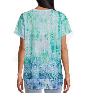 Camiseta de Mujer con Cuello en V, Manga Corta, Estampada, Corte Holgado, Estilo Casual, para Primavera/Verano, Tejido de Punto Transpirable, Verde/Azul - Product Image 4