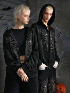 เสื้อฮู้ดซิปเต็มตัวผ้าฝ้ายฟลีซลายโครงกระดูกประดับคริสตัลสีดำ สไตล์สตรีทแวร์สำหรับคู่รัก คอลเลคชั่นแฟชั่นแบรนด์ดัง - Product Image 4