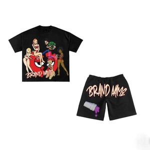 Conjunto de camiseta y pantalones cortos de algodón premium de 240 GSM para mujer, color negro, con estampado DTG personalizado, 100% algodón. - Product Image 2
