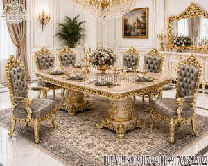 Juego de Comedor de Madera de Teca Sólida de Diseño Italiano de Lujo, Estilo Rococó Premium, 8 Plazas, Acabado en Dorado y Blanco, Muebles Redondos para Comedor - Product Image 6