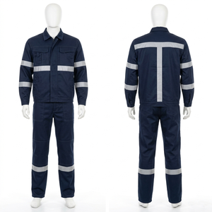 Combinaison de travail pour homme, 245 GSM, en sergé de polycoton, bleu marine, jaune, avec panneaux haute visibilité, bande réfléchissante, broderie personnalisée, impression - Product Image 2