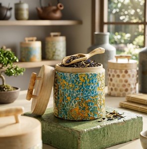 Pot de rangement en mosaïque d'œufs fait main avec couvercle en bambou tressé, boîte décorative pour la cuisine, pour thé, café, sucre, bonbons, en provenance du Vietnam - Product Image 5