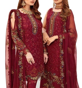 Dupatta-vestido bordado a mano de chifón, nuevo vestido indio paquistaní bordado en color granate, 2021 - Product Image 1