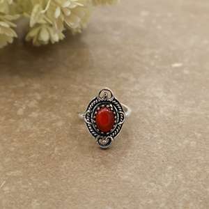 SHYAM JEWELRS Handmade 925 Silver Plated Natural Red Coral <b>Statement</b> <b>Ring</b> Antique Boho & Hippie Gemstone for Unisex - Product Image 1