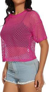 Women's Transparent Mesh Base Short Sleeve Pink Color Loose Crop T-Shirt Autumn Outerwear Cropped Casual Tank <b>Top</b> Mesh T Shirts - Product Image 5