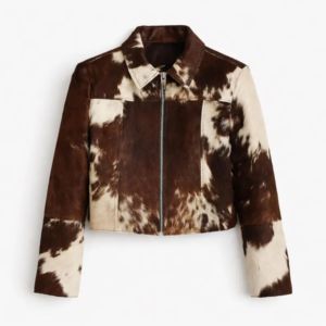 Women's Brown & White Cow Print Genuine Hair-On Leather Cropped <b>Jacket</b> Zip Front <b>Western</b> Style Fashion Coat - Product Image 1