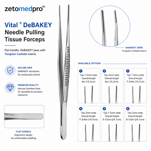 Pinzas de DeBAKEY para Extracción de Tejidos con Mango Plano, Mandíbulas de DeBAKEY con Inserciones de Carburo de Tungsteno, Ancho de Punta 1.5mm o 2mm, ZETOMEDPRO - Product Image 2