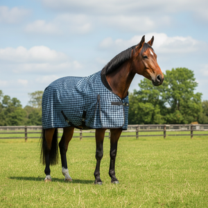 Manta para Caballo Azul con Diseño de Pata de Gallo, Ligera, Transpirable y Cómoda, Elegante Ropa de Establos Ecuestres - Product Image 1