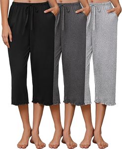 Lot de 3 pantalons de pyjama capri pour femme 2026, pantalons de détente à ourlet volanté, bas de pyjama à cordon de serrage avec poches - Product Image 5