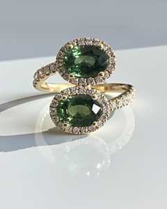 Bague Halo en Or Massif 14 carats avec Deux Pierres, Saphir Naturel Teal Taille Ovale et Diamant de Laboratoire Certifié IGI, Classique pour Fiançailles et Mariage - Product Image 1