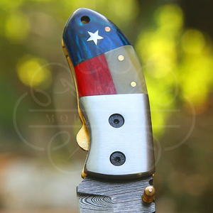 Mini couteau pliant de poche en acier Damas avec manche à motif drapeau du Texas, couteau EDC fait main sur mesure, lame tranchante, couteau de camping en plein air - Product Image 5