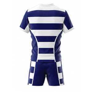 เสื้อกีฬาผู้ชายลายทางสีน้ำเงินและสีขาวพร้อมกางเกงขาสั้น ระบายอากาศได้ดี น้ำหนักเบา โพลีเอสเตอร์ 100% ชุดยูนิฟอร์ม ขนาดผู้ใหญ่ - Product Image 2
