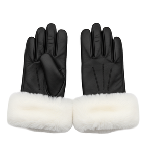 Black <b>Leather</b> Gloves White Faux Fur Trim <b>Cuff</b> Eco-Friendly Thermal Touchscreen Design Durable Anti-Pilling <b>Wrist</b>-Length for - Product Image 1