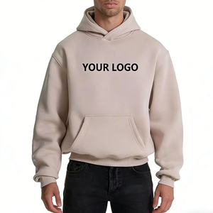 Sweat-shirt à capuche beige pour homme, coupe classique, couleur unie, décontracté, pour l'automne, logo imprimé sur le devant, en coton molletonné tricoté - Product Image 1
