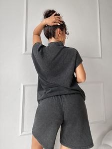 Ensemble 2 pièces décontracté et tendance pour femme, style Wasteland, été : T-shirt à épaules tombantes et short bermuda large 100 % coton écologique - Product Image 4