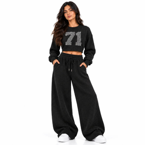 <b>Women</b> Rhinestone Cropped Hoodie Cargo <b>Pants</b> Set, Custom Streetwear Tracksuit, Sparkle Crystal <b>Sweat</b> Suit for Wholesale - Product Image 5