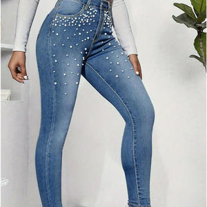 Vaqueros anchos de lujo con perlas para mujer, lavado claro y estilo urbano moderno, pantalones de mezclilla con perlas para mujer - Product Image 5