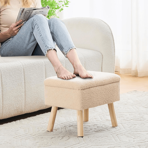 Pouf Contemporaneo Rettangolare con Rivestimento in Pile Teddy e Gambe in Legno Massello, Poggiapiedi Beige per Ingresso di Casa - Product Image 6