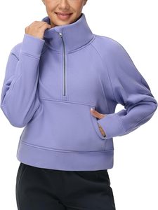 Women's' Half <b>Zip</b> Pullover Fleece Stand Collar <b>Crop</b> Sweatshirt with Pockets Thumb Hole Unlined Polyester/Cotton Blend Knitted - Product Image 4