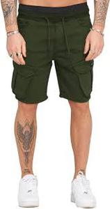 กางเกงขาสั้นทรงสลิมฟิตสำหรับผู้ชายพร้อมเอวยางยืด – กางเกงขาสั้นสีเขียวมะกอก – กางเกงขาสั้นผ้าฝ้ายลำลองสำหรับฤดูร้อนแบบมีเชือกผูก – สตรีทแวร์แบบมีกระเป๋าหลายช่อง - Product Image 4