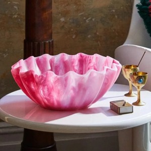 <b>Pink</b> White Marble Resin <b>Bowl</b> with Wavy Scalloped Rim and Artistic Swirl Pattern for Elegant Table Decor and Home Styling - Product Image 1