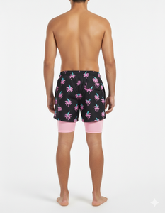 Shorts de plage pour hommes en satin 100% polyester, sublimation personnalisée, 2-en-1, avec leggings de compression intégrés, séchage rapide - Product Image 2