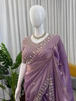 Sari en soie Fendy de créateur élégant, broderie de perles et de sequins, séchage rapide, pour l'été, l'hiver, les mariages, les fêtes, Diwali, les remises de diplômes