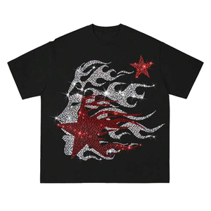 Camiseta Y2K para hombre con gráfico de estrella de fuego y diamantes de imitación, estilo oversize, retro, streetwear, de lujo, de algodón grueso, con cristales termoadhesivos, para chicos. - Product Image 6