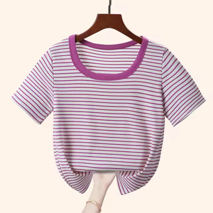 Camiseta de manga corta a rayas para mujer, informal, con cuello redondo, top de verano - Product Image 4