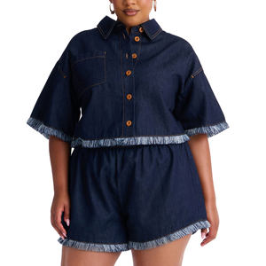 Women Solid Short <b>Denim</b> Top High Waist <b>Stretch</b> Ripped Frayed Hem Button Zipper Eco-Friendly Waterproof Summer Washed Custom - Product Image 5