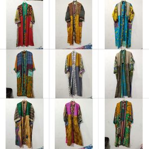 Silk Patchwork Kimono Robe Light Weight Colorful Silk <b>Cardigan</b> Bohemian Floral Print Patches Bathrobe For Women's - Product Image 1