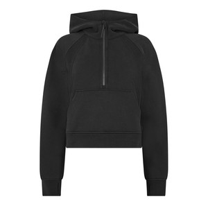 Sweat-shirt à capuche noir pour femme, manches longues, couleur unie, en coton tricoté respirant, anti-boulochage, coupe courte, pour l'automne - Product Image 1