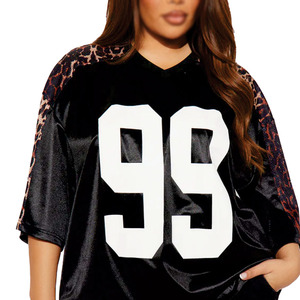 Maillot de football américain noir premium pour femme 2026, en polyester brillant avec empiècements léopard en maille, col en V, style streetwear, avec numéro, commande en gros - Product Image 5