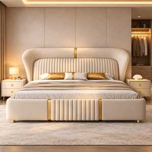 Modern Upholstered Platform <b>Bed</b> <b>with</b> Fluted Headboard Gold Accent Designer Bedroom Furniture Set Ivory Cream King <b>Queen</b> <b>Bed</b> - Product Image 3