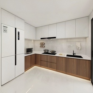 Gabinetes de <span class=keywords><strong>Cocina</strong></span> Modernos Minimalistas en Forma de L, Personalización Completa <span class=keywords><strong>para</strong></span> Toda la Casa, Acabado en Madera Natural y Laca Blanca, Diseño de <span class=keywords><strong>Cocina</strong></span> Modular - Product Image 1