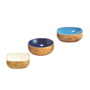 Ensemble de bols de service en bois de manguier écologiques faits à la main avec incrustations en émail, 3 pièces décoratives pour collations et salades, pour la maison et la cuisine - Product Image 1