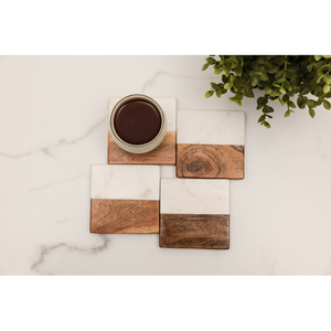 Posavasos Redondos de Madera de Lujo con Tapa de Mármol Blanco, Diseño Minimalista, Hechos a Mano para Tazas de Té y Café, Platos para Bodas - Product Image 1