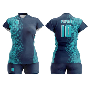 Women Volleyball Jersey Navy Teal Abstract Wave Texture Sublimation <b>Short</b> Sleeve <b>Shorts</b> Set Wholesale - Product Image 1