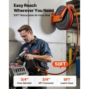 Avvolgitubo Automatico per Compressore d'Aria in PVC da 3/4 Pollici x 50 Piedi, Retrattile con Cavo di Ingresso da 5 Piedi, Componenti Pneumatici - Product Image 2