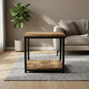 Mesa de Centro de Madera con Estructura de Hierro Negro y Estante Inferior de Almacenamiento, Mueble Rústico Industrial para Sala de Estar - Product Image 4