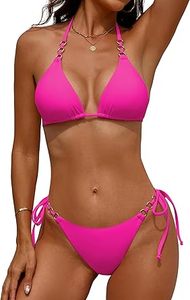 Sexy Women's Pink <b>Bikini</b> Set Halter Lace Up Tie Side Solid Color Swimwear Two Piece Stretch Spandex Nylon - Product Image 2