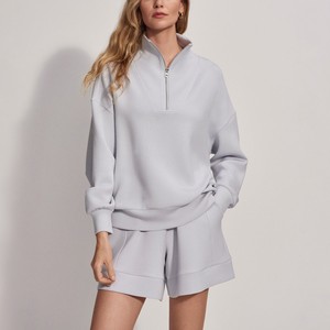 Sweat-shirt pour femme grande taille à demi-zip, le plus vendu en gros, avec capuche à quart de zip, épaules tombantes, en tissu tricoté délavé, logo personnalisé - Product Image 4